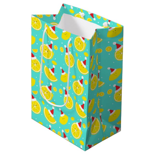 Happy Lemons Wearing Santa Hats with Snow Pattern Medium Gift Bag (Front Angled)