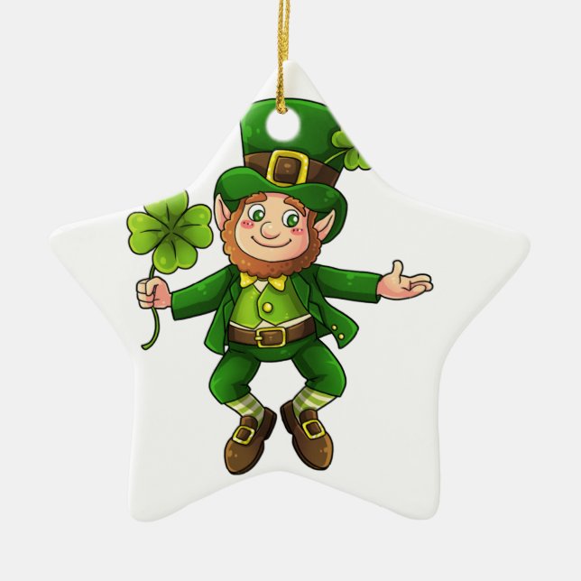 Happy Leprechaun and Shamrock Ceramic Tree Decoration (Front)