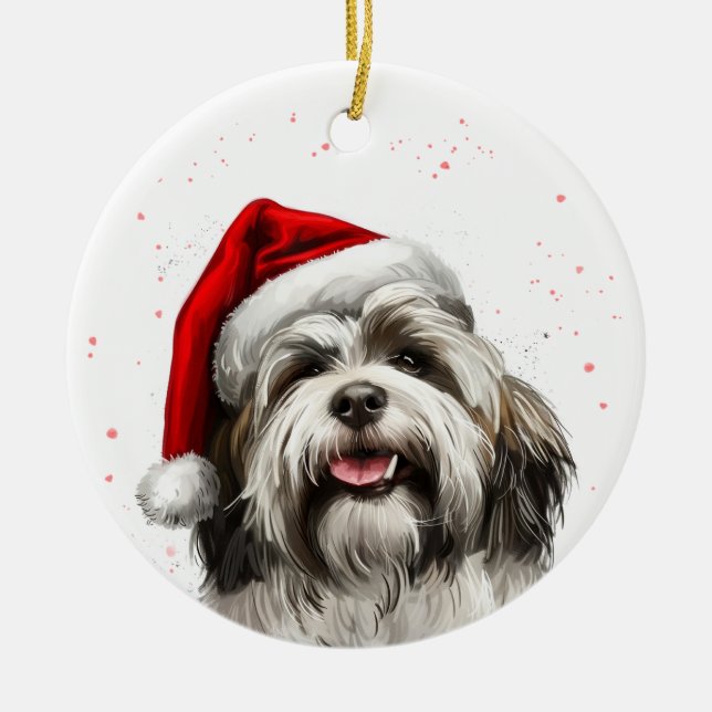 Happy Lhasa Apso Dog Christmas Personalized Ceramic Tree Decoration (Front)