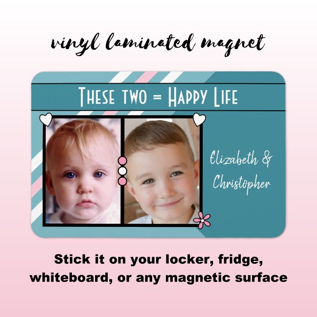 Happy life add 2 photos and names turquoise pink magnet (Creator Uploaded)