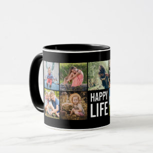 Happy Life Photo Collage Black Custom Coffee Mug
