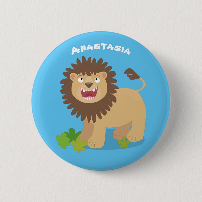 Happy lion roaring cartoon illustration 6 cm round badge (Front)