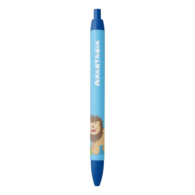 Happy lion roaring cartoon illustration black ink pen (Front Vertical)