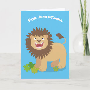 Happy lion roaring cartoon illustration card