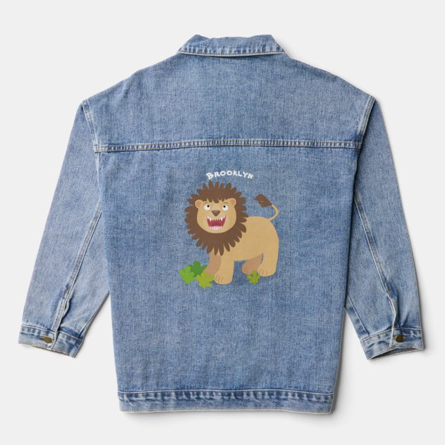 Happy lion roaring cartoon illustration denim jacket (Back)