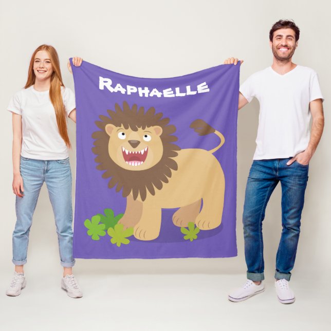 Happy lion roaring cartoon illustration fleece blanket (In Situ)