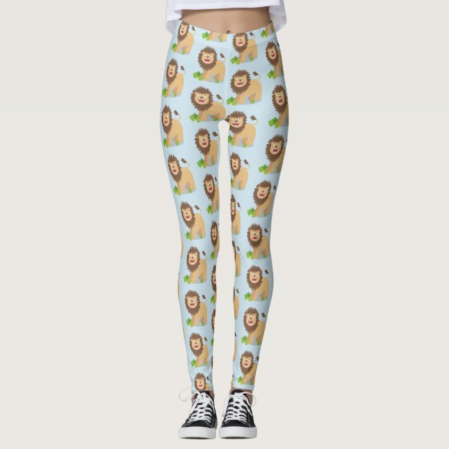 Happy lion roaring cartoon illustration leggings (Front)