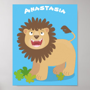 Happy lion roaring cartoon illustration poster