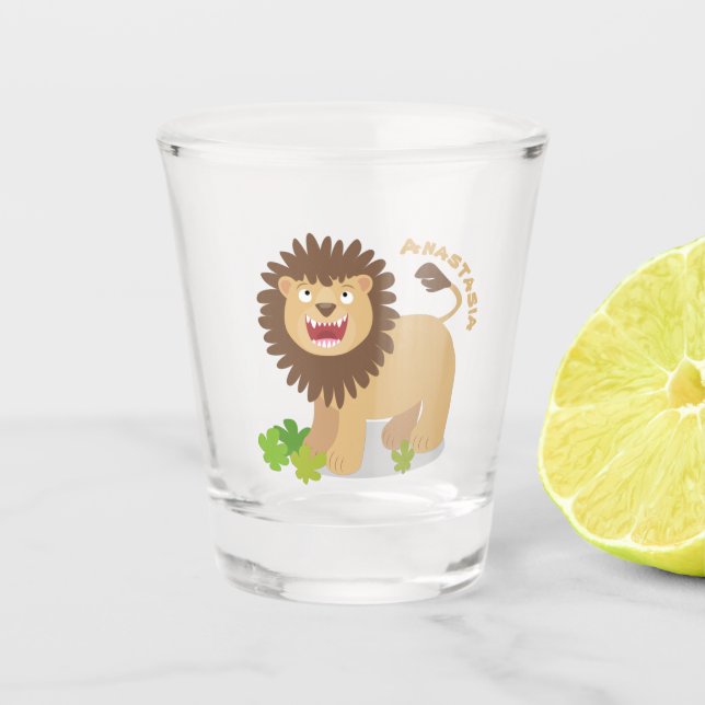 Happy lion roaring cartoon illustration  shot glass (Front)