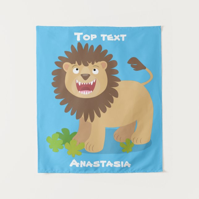 Happy lion roaring cartoon illustration tapestry (Front)