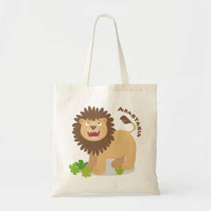 Happy lion roaring cartoon illustration tote bag