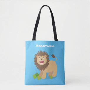 Happy lion roaring cartoon illustration tote bag