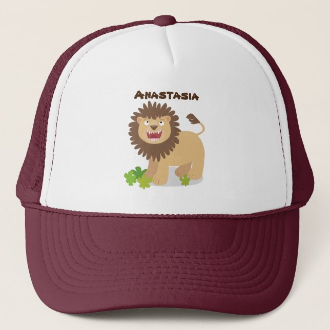 Happy lion roaring cartoon illustration trucker hat (Front)