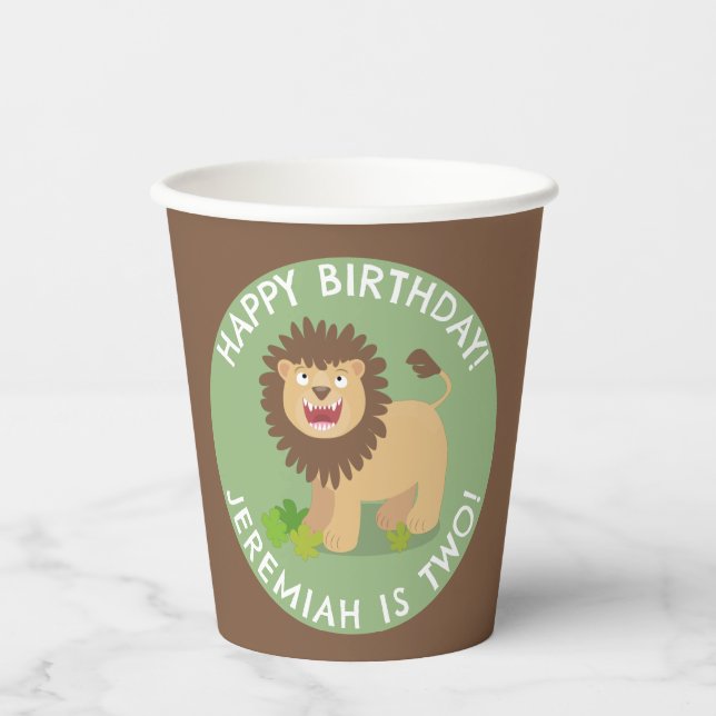 Happy lion roaring cartoon personalised birthday paper cups (Front)
