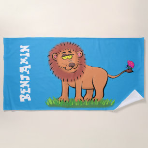 Happy lion with butterfly cartoon design beach towel