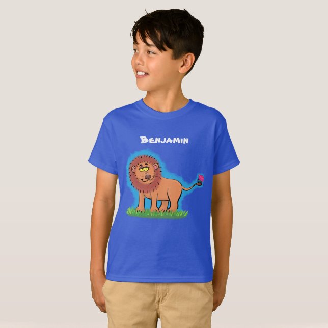 Happy lion with butterfly cartoon design T-Shirt (Front Full)