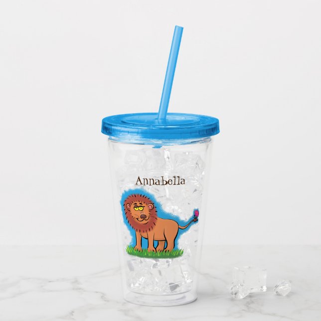 Happy lion with butterfly cartoon illustration acrylic tumbler (Back Ice)