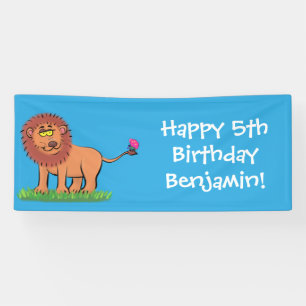 Happy lion with butterfly cartoon illustration banner