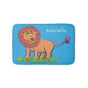 Happy lion with butterfly cartoon illustration bath mat