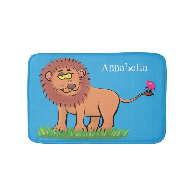 Happy lion with butterfly cartoon illustration bath mat (Front)