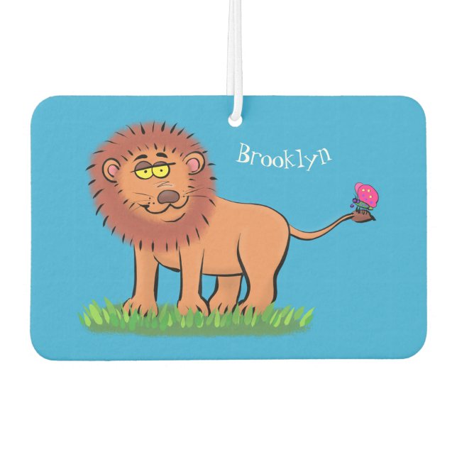 Happy lion with butterfly cartoon illustration car air freshener (Front)