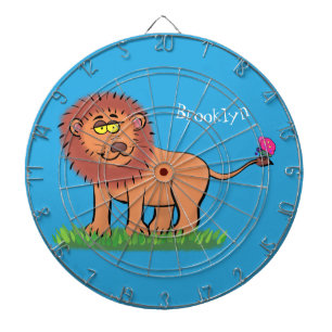 Happy lion with butterfly cartoon illustration dartboard