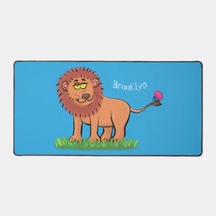 Happy lion with butterfly cartoon illustration desk mat