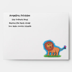 Happy lion with butterfly cartoon illustration envelope