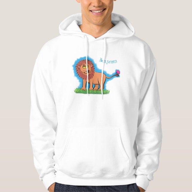 Happy lion with butterfly cartoon illustration hoodie (Front)