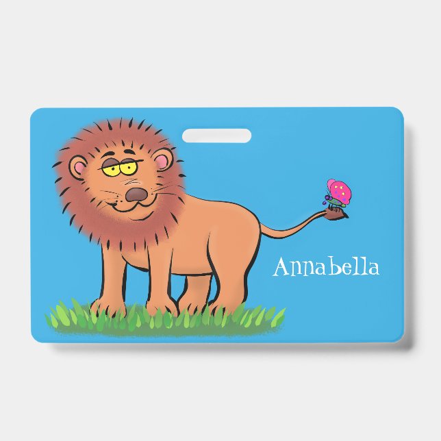 Happy lion with butterfly cartoon illustration ID badge (Front)