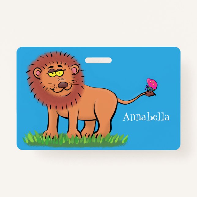 Happy lion with butterfly cartoon illustration ID badge (Front)