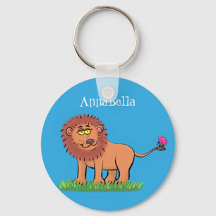 Happy lion with butterfly cartoon illustration key ring