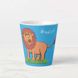Happy lion with butterfly cartoon illustration latte mug