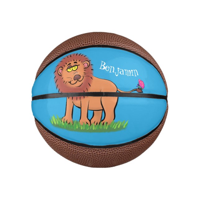 Happy lion with butterfly cartoon illustration  mini basketball (Front)