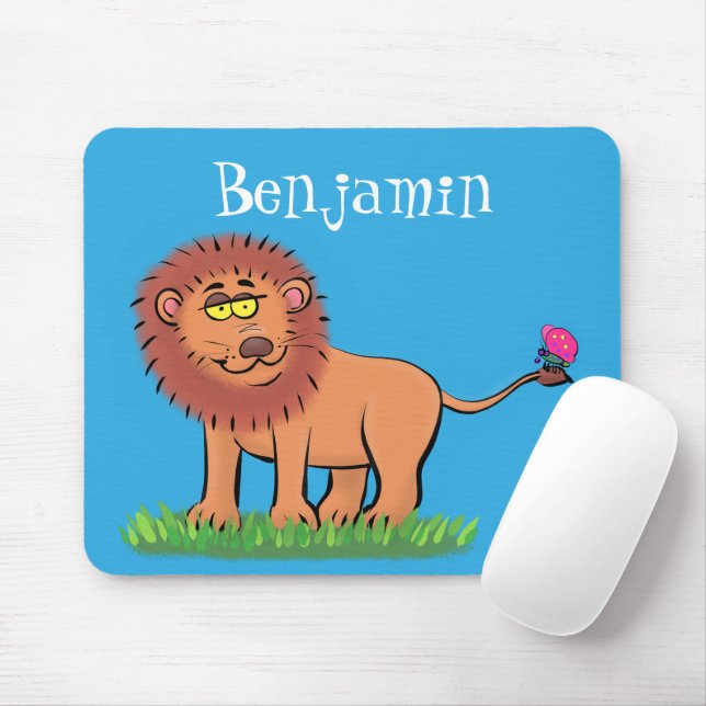 Happy lion with butterfly cartoon illustration mouse mat (With Mouse)