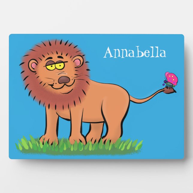 Happy lion with butterfly cartoon illustration plaque (Front)