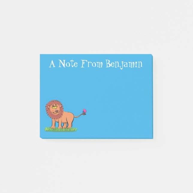 Happy lion with butterfly cartoon illustration post-it notes (Front)