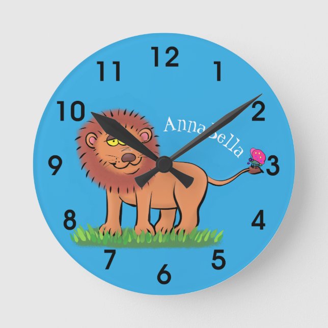 Happy lion with butterfly cartoon illustration round clock (Front)