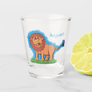 Happy lion with butterfly cartoon illustration shot glass