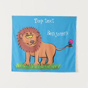 Happy lion with butterfly cartoon illustration tapestry