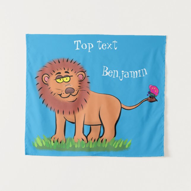 Happy lion with butterfly cartoon illustration  tapestry (Front (Horizontal))