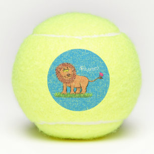 Happy lion with butterfly cartoon illustration tennis balls