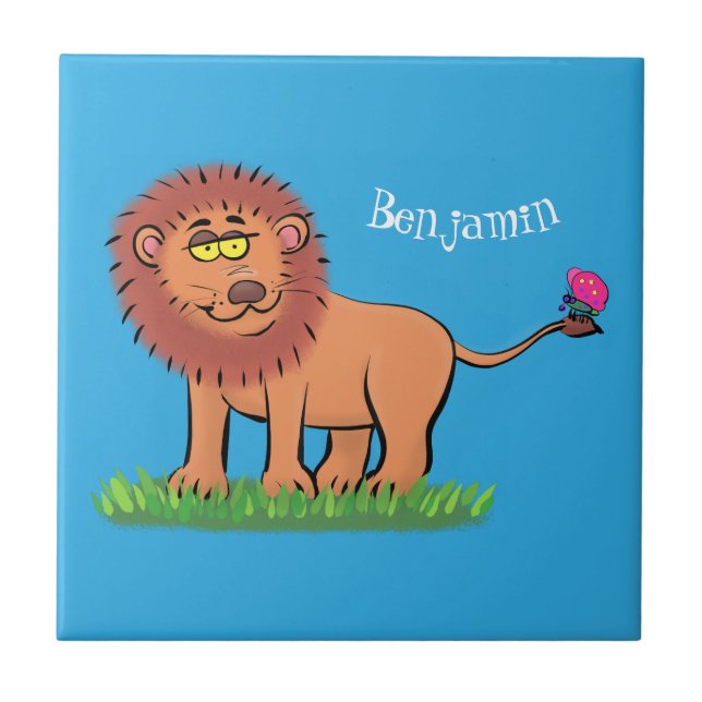 Happy lion with butterfly cartoon illustration tile (Front)