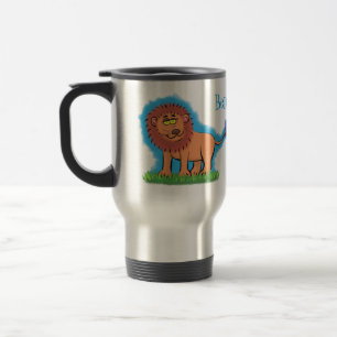 Happy lion with butterfly cartoon illustration travel mug