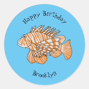 Happy lionfish cartoon illustration classic round sticker