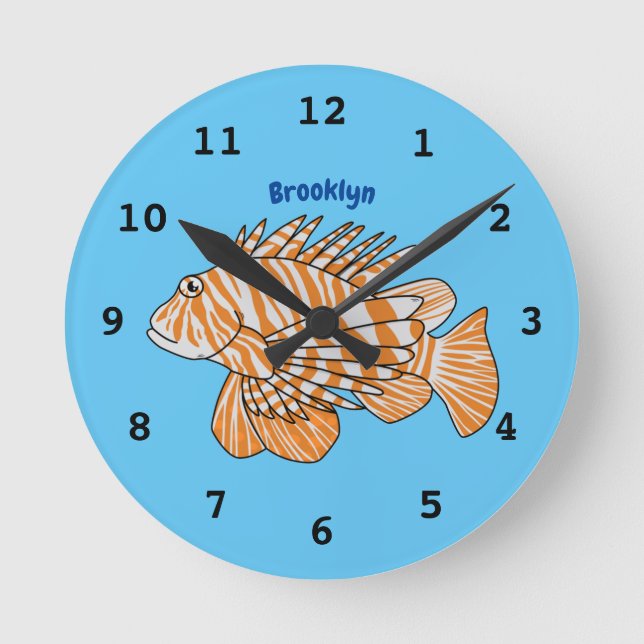 Happy lionfish cartoon illustration round clock (Front)