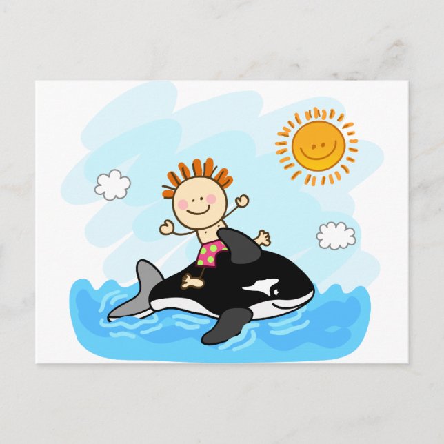 happy little boy swimming at sea cartoon postcard (Front)