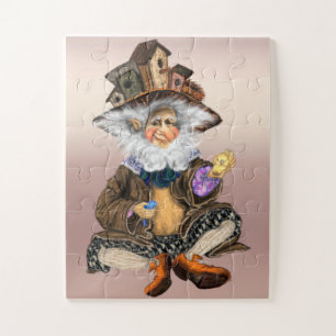 Happy Little Gnome In Birds Houses Hat - Painting Jigsaw Puzzle