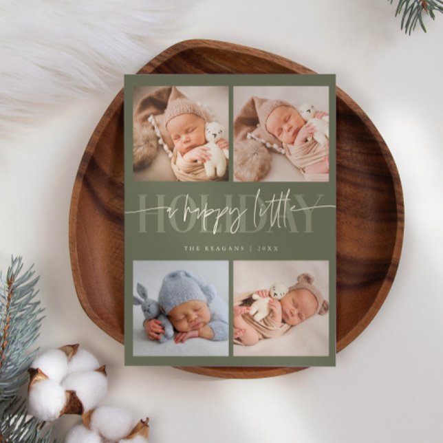 Happy Little Holiday Sage Green Multi Photo Birth  Announcement (Creator Uploaded)