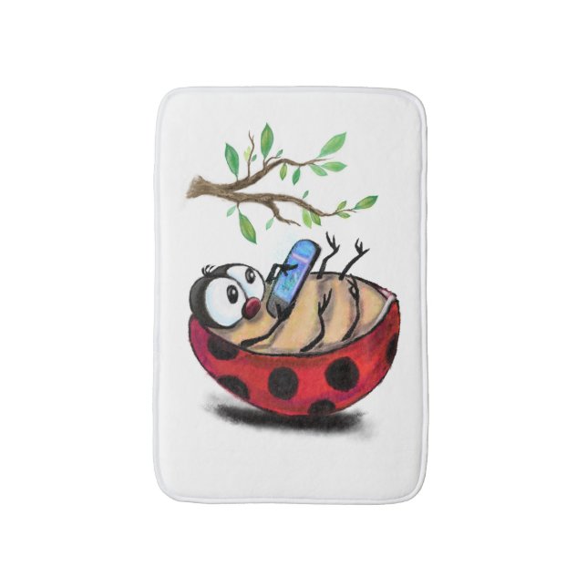 Happy Little Ladybug with Phone - Cartoon Drawing  Bath Mat (Front Vertical)